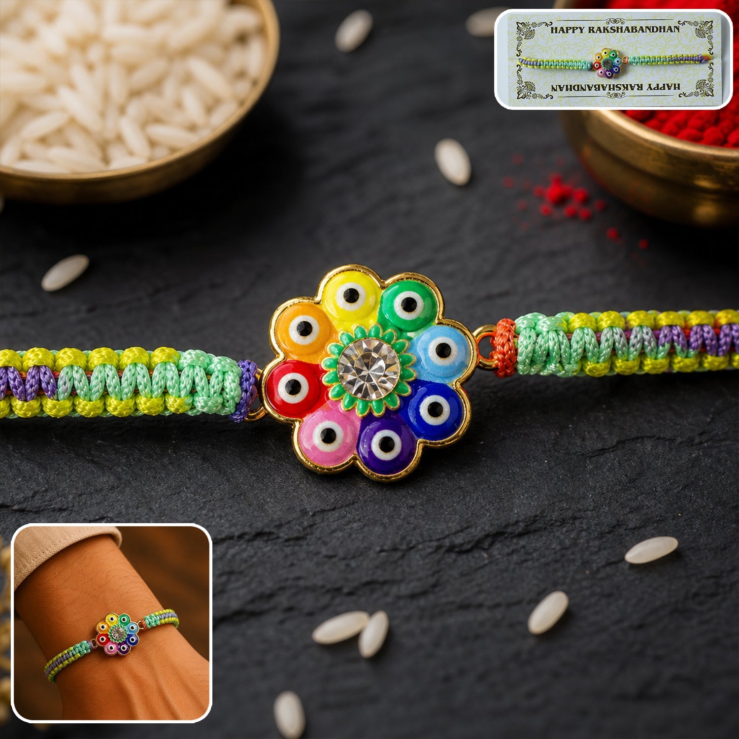 Colorful Evil Eye Flower Designer Dori Rakhi front view