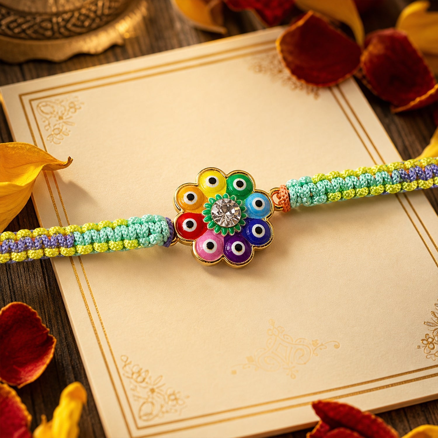 Close-up of Evil Eye Flower detail on Dori Rakhi