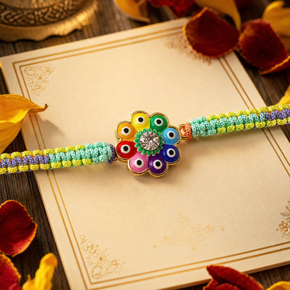 Close-up of Evil Eye Flower detail on Dori Rakhi