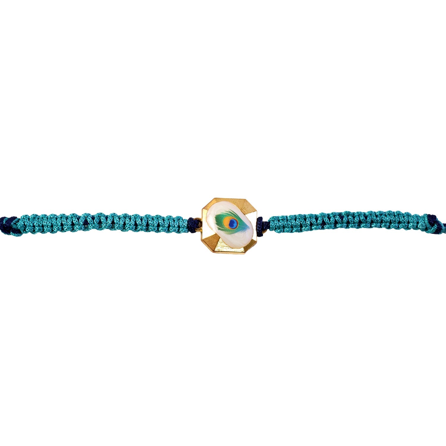Peacock Feather Fancy Dori Rakhi Displayed on White Background