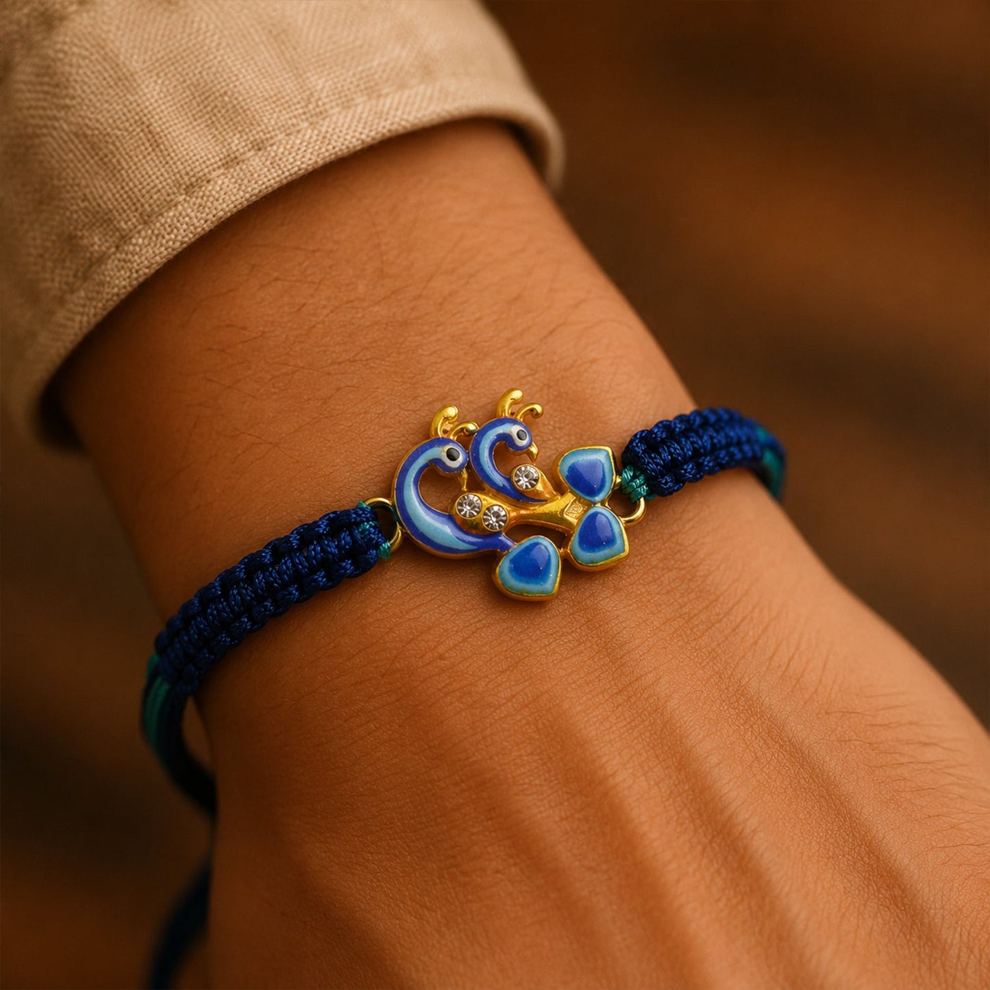 Side view of Peacock Design Fancy Dori Rakhi