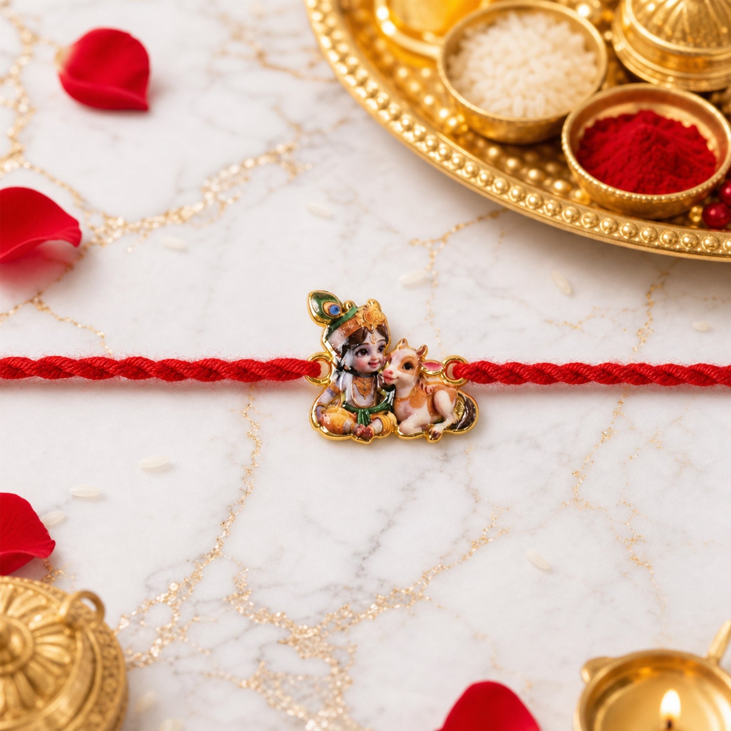 Bal Krishna with Cow Fancy Dori Rakhi detailed close-up