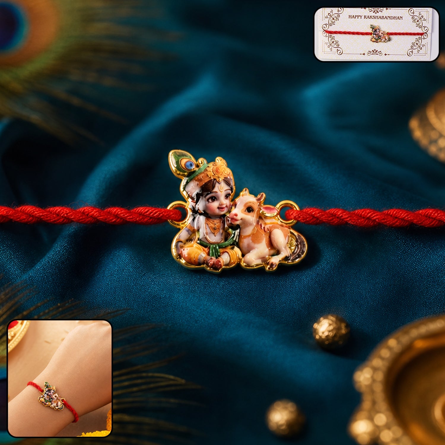 Bal Krishna with Cow Fancy Dori Rakhi front view