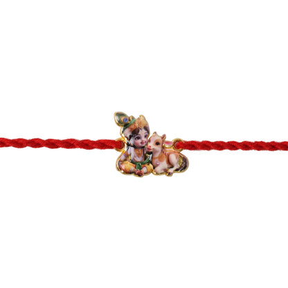 Bal Krishna with Cow Fancy Dori Rakhi display with festive background