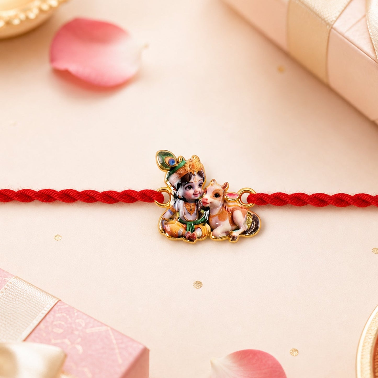 Bal Krishna with Cow Fancy Dori Rakhi tied on wrist