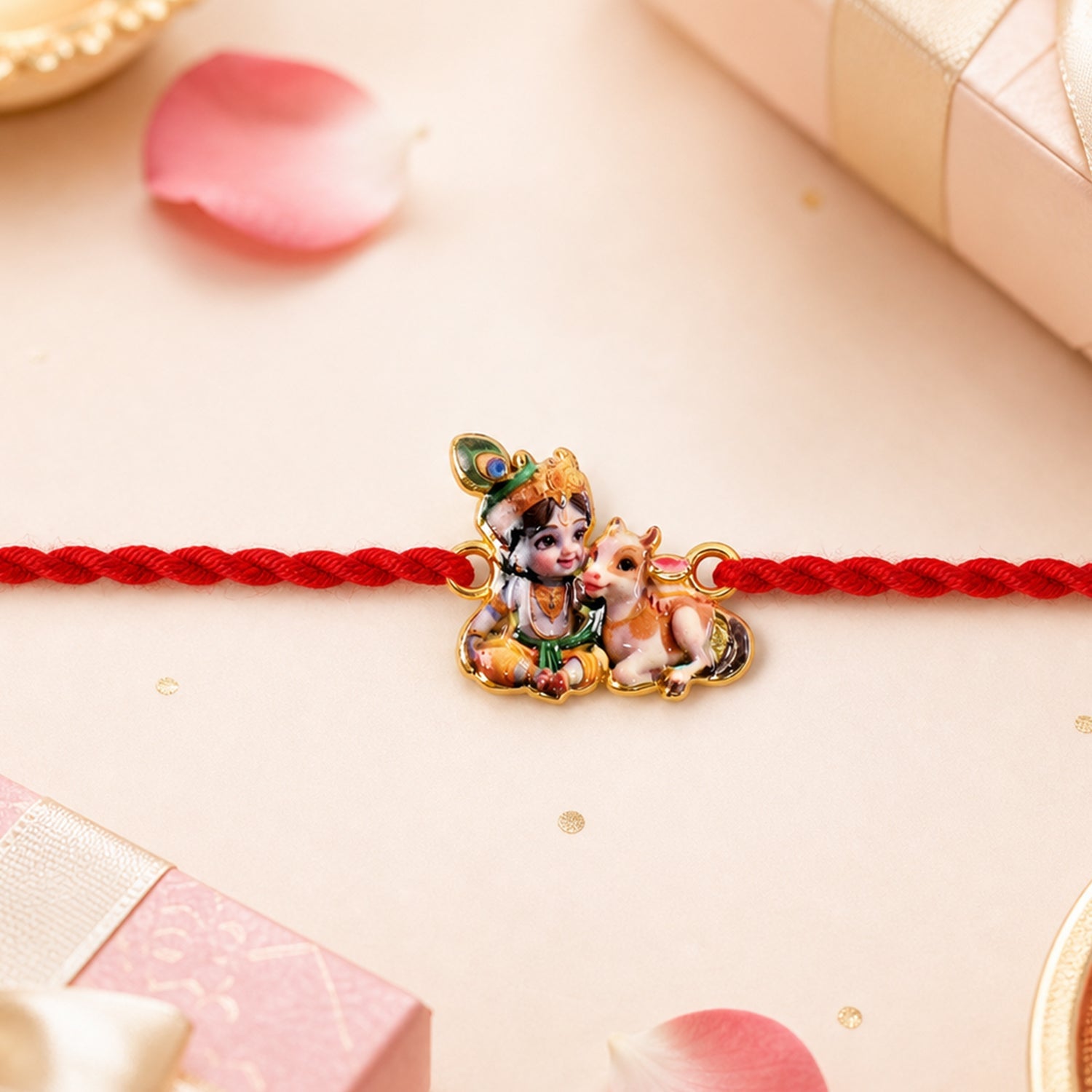 Bal Krishna with Cow Fancy Dori Rakhi tied on wrist