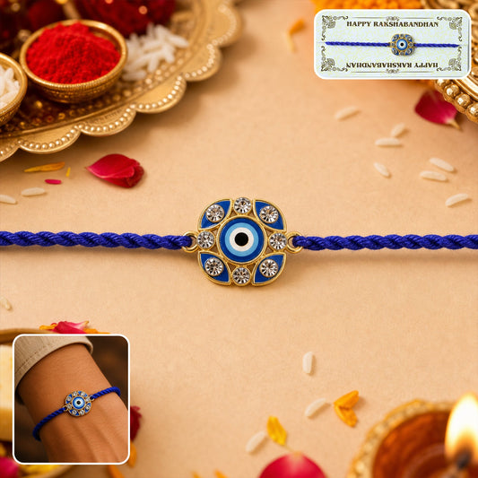 Blue Evil Eye Fancy Dori Rakhi close-up view