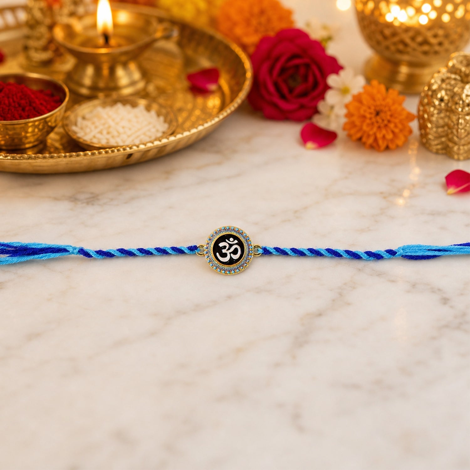 Blue Om Symbol Fancy Dori Rakhi for Brother (1 Pc)