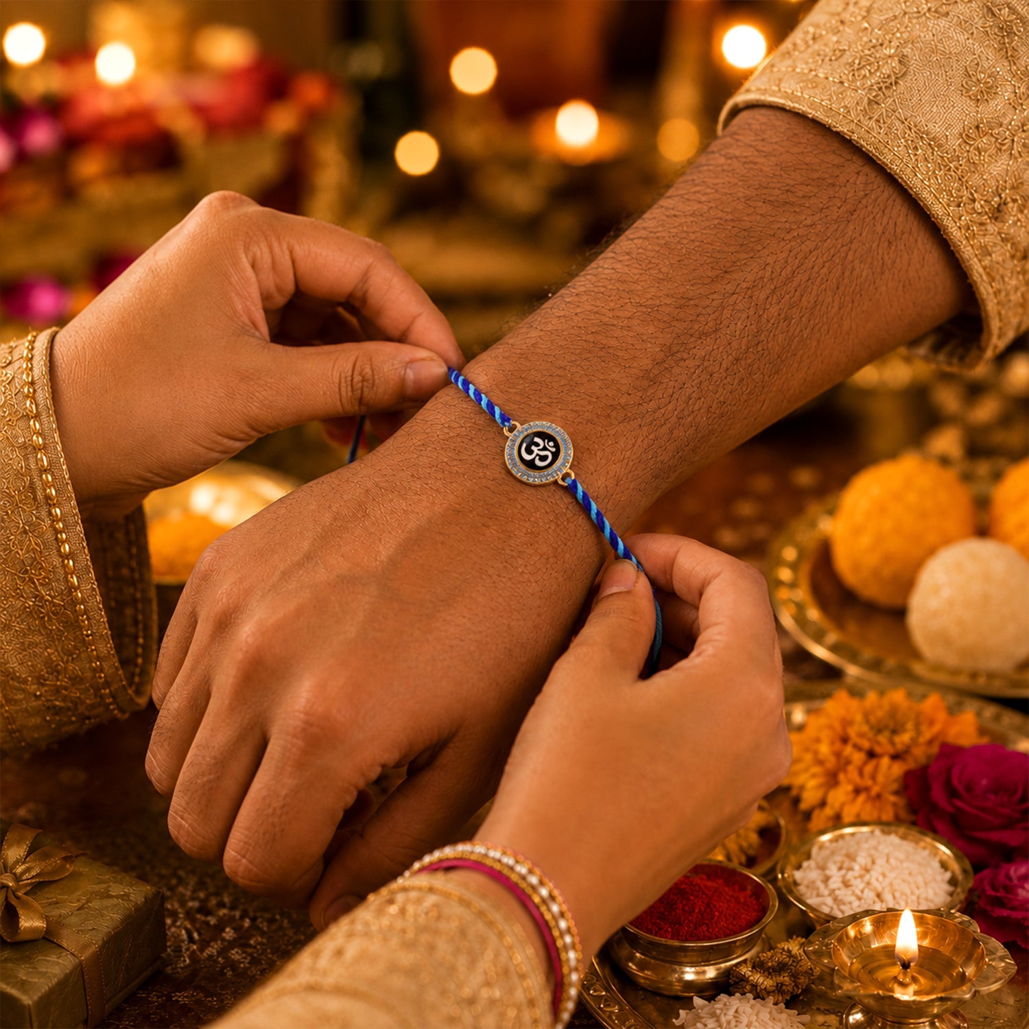 Blue Om Symbol Fancy Dori Rakhi for Brother (1 Pc)