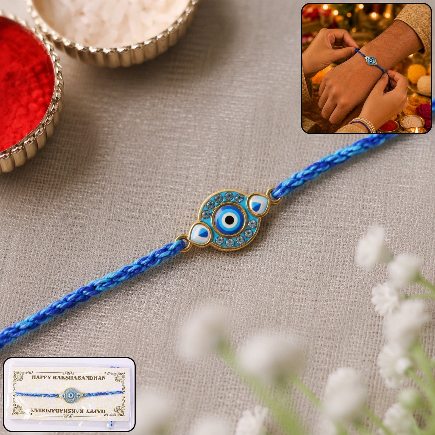 Round Blue Evil Eye Fancy Dori Rakhi for Brother (1 Pc)
