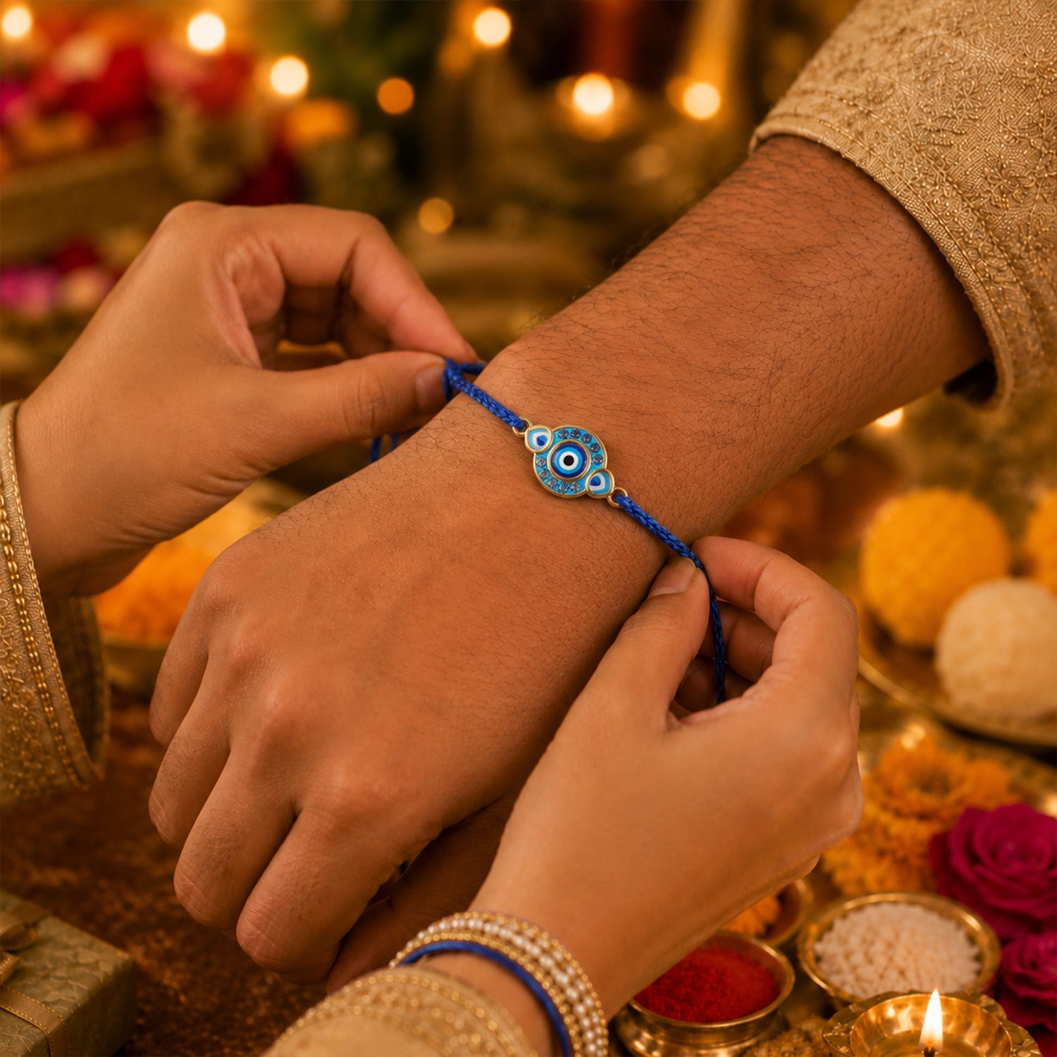 Round Blue Evil Eye Fancy Dori Rakhi for Brother (1 Pc)