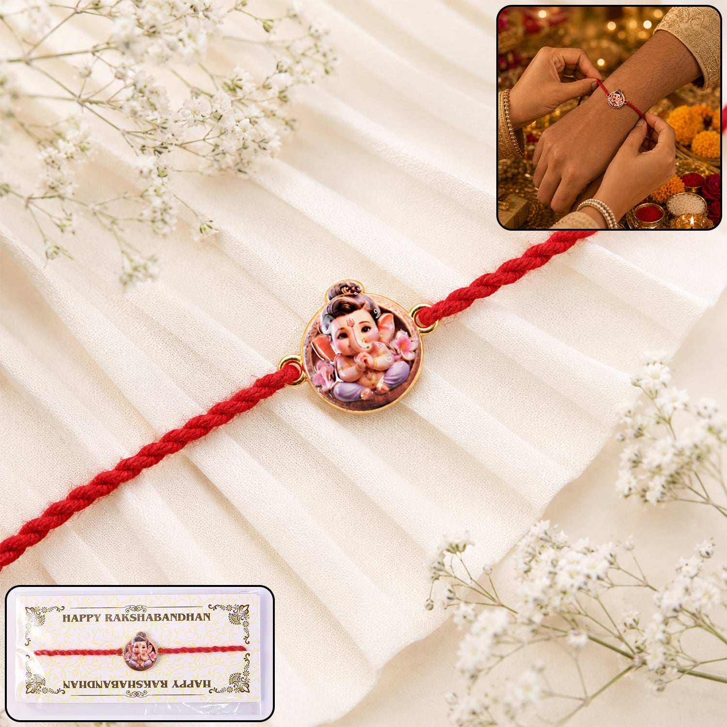 Cute Ganesh Round Charm Fancy Dori Rakhi for Brother (1 Pc)
