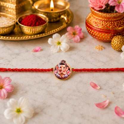 Cute Ganesh Round Charm Fancy Dori Rakhi for Brother (1 Pc)