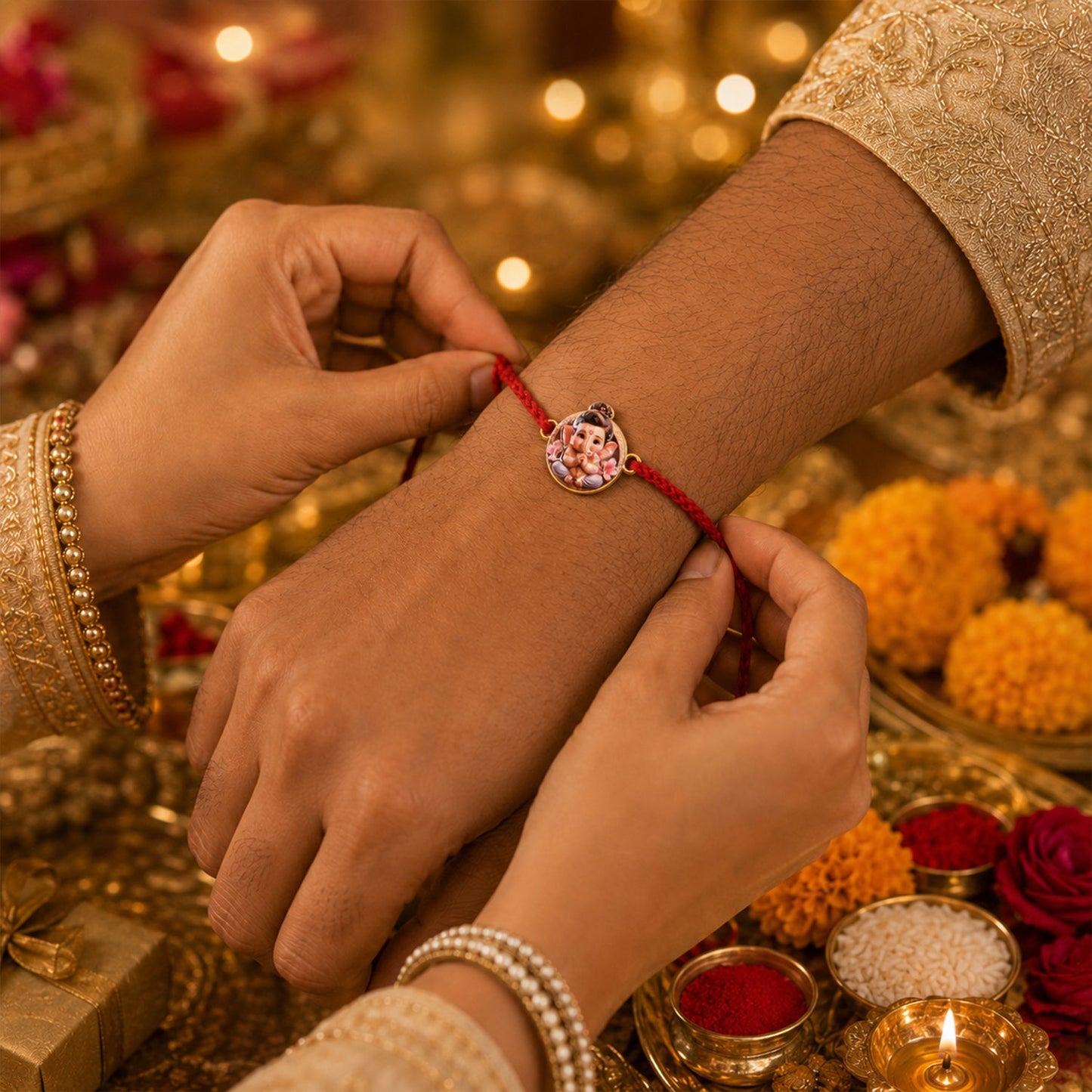 Cute Ganesh Round Charm Fancy Dori Rakhi for Brother (1 Pc)