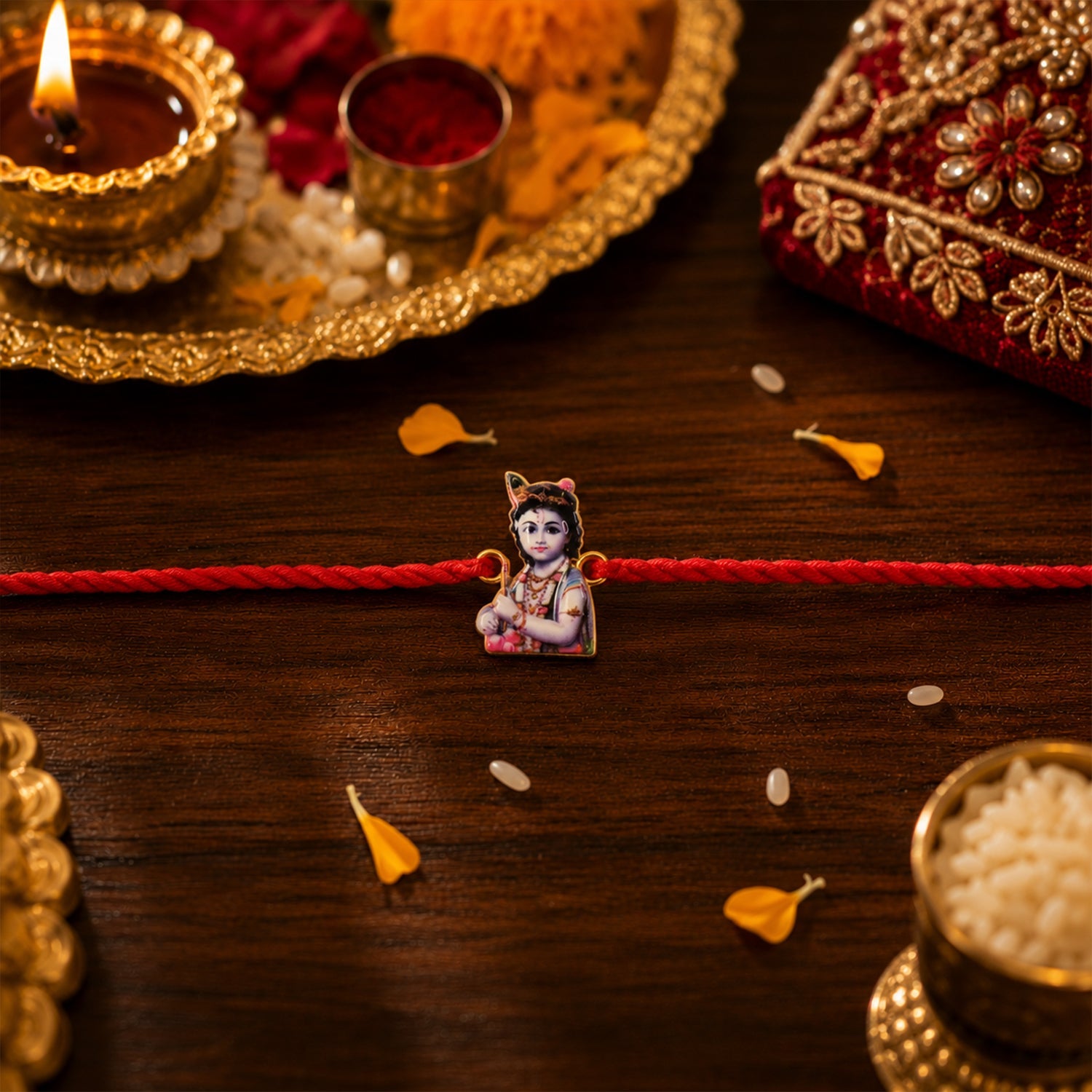 Cute Krishna Charm Fancy Dori Rakhi for Brother (1 Pc)