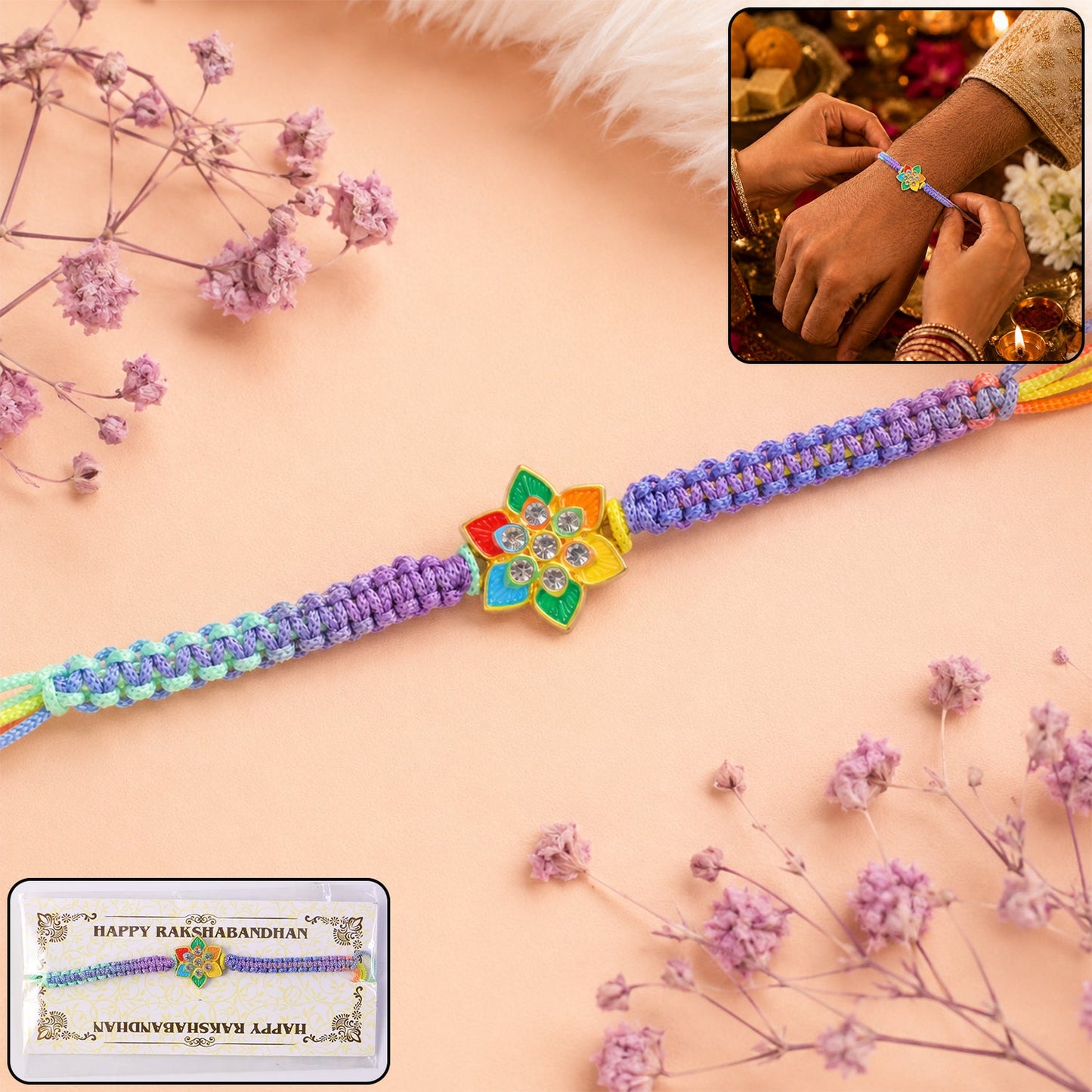 Colorful Flower Stone Fancy Dori Rakhi for Brother (1 Pc)