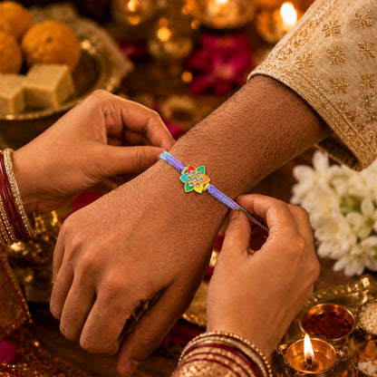 Colorful Flower Stone Fancy Dori Rakhi for Brother (1 Pc)