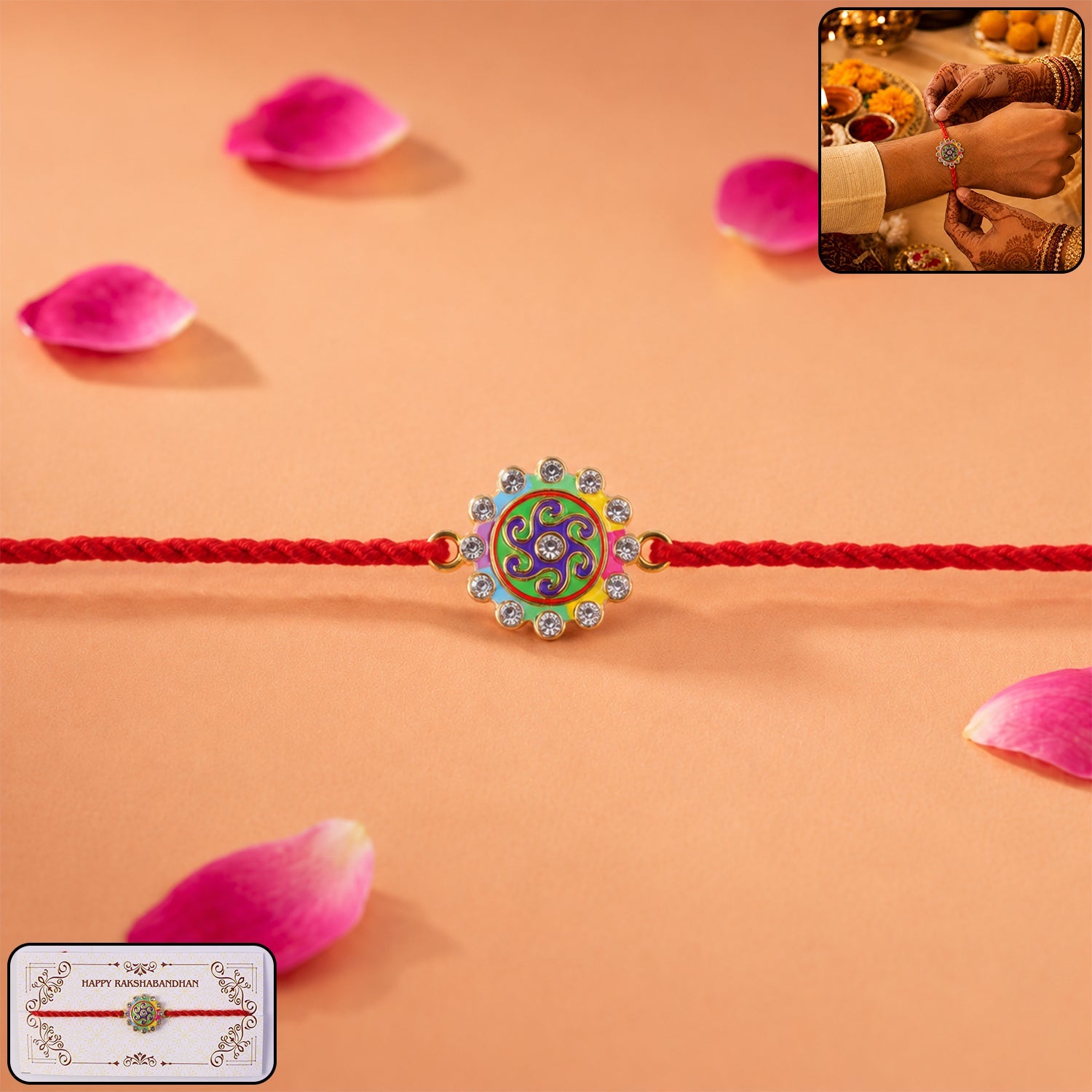 Colorful Round Stone Fancy Dori Rakhi for Brother (1 Pc)