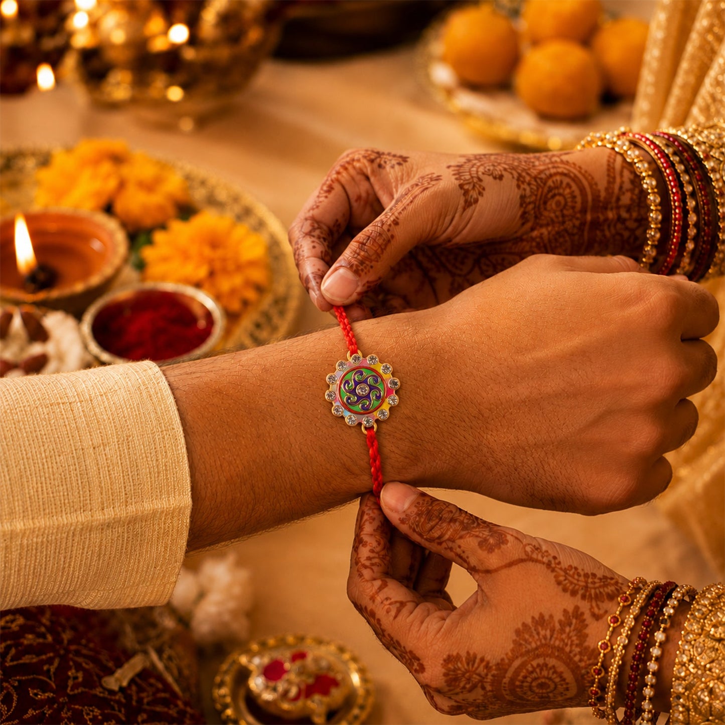 Colorful Round Stone Fancy Dori Rakhi for Brother (1 Pc)