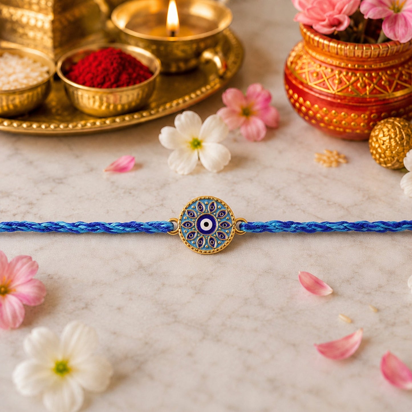 Blue Evil Eye Round Fancy Dori Rakhi for Brother (1 Pc)