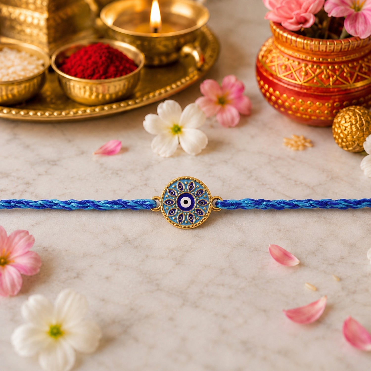 Blue Evil Eye Round Fancy Dori Rakhi for Brother (1 Pc)