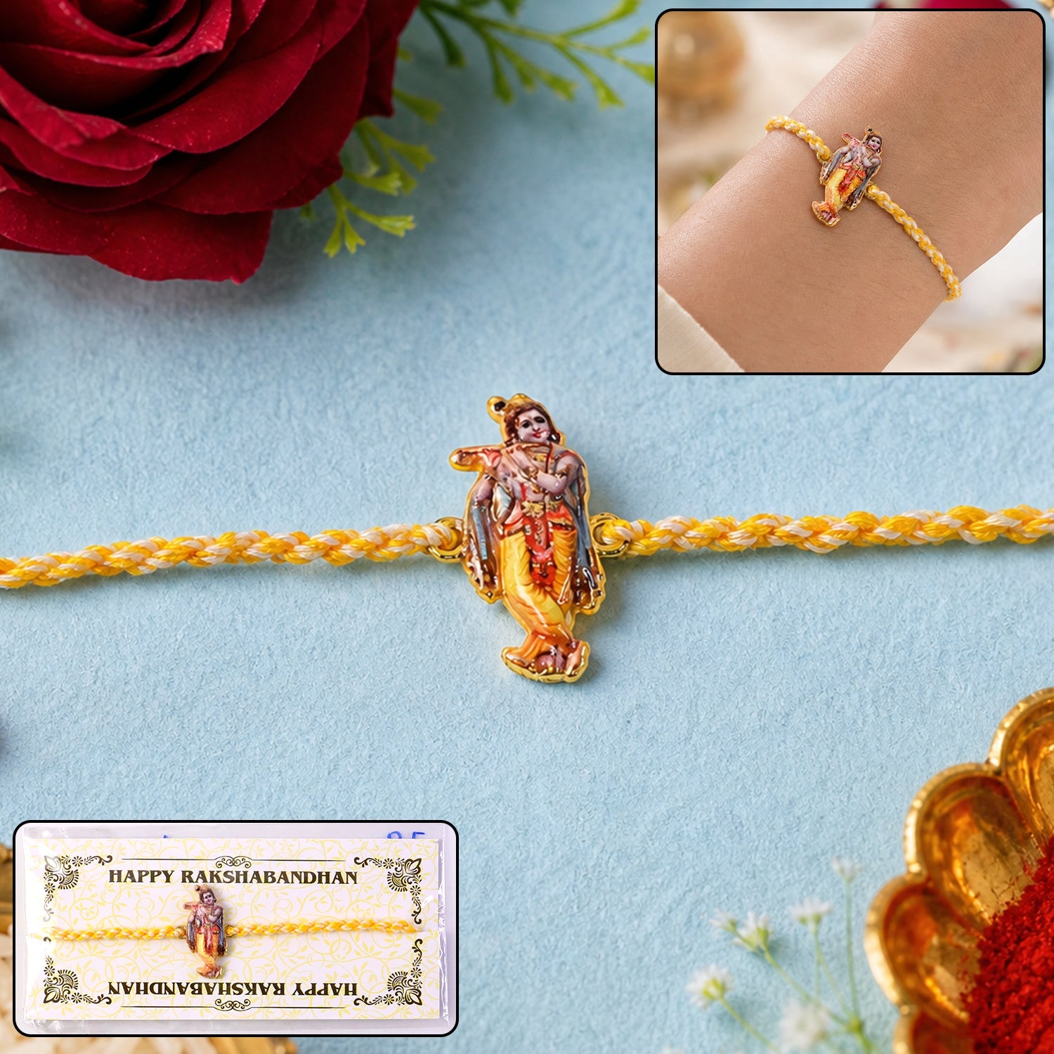 Krishna Flute Charm Fancy Dori Rakhi front view