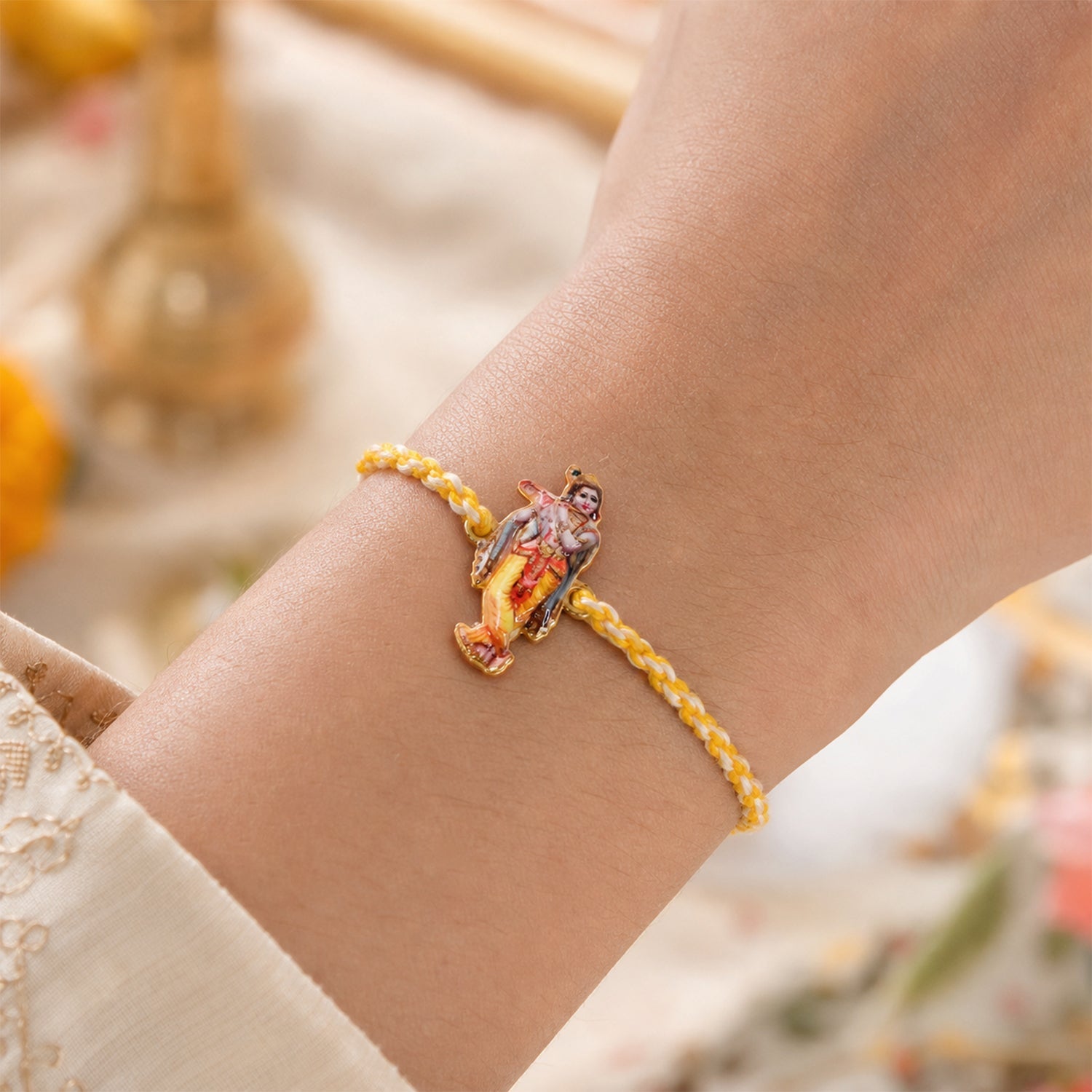 Side view showing Dori thread on Krishna Flute Rakhi