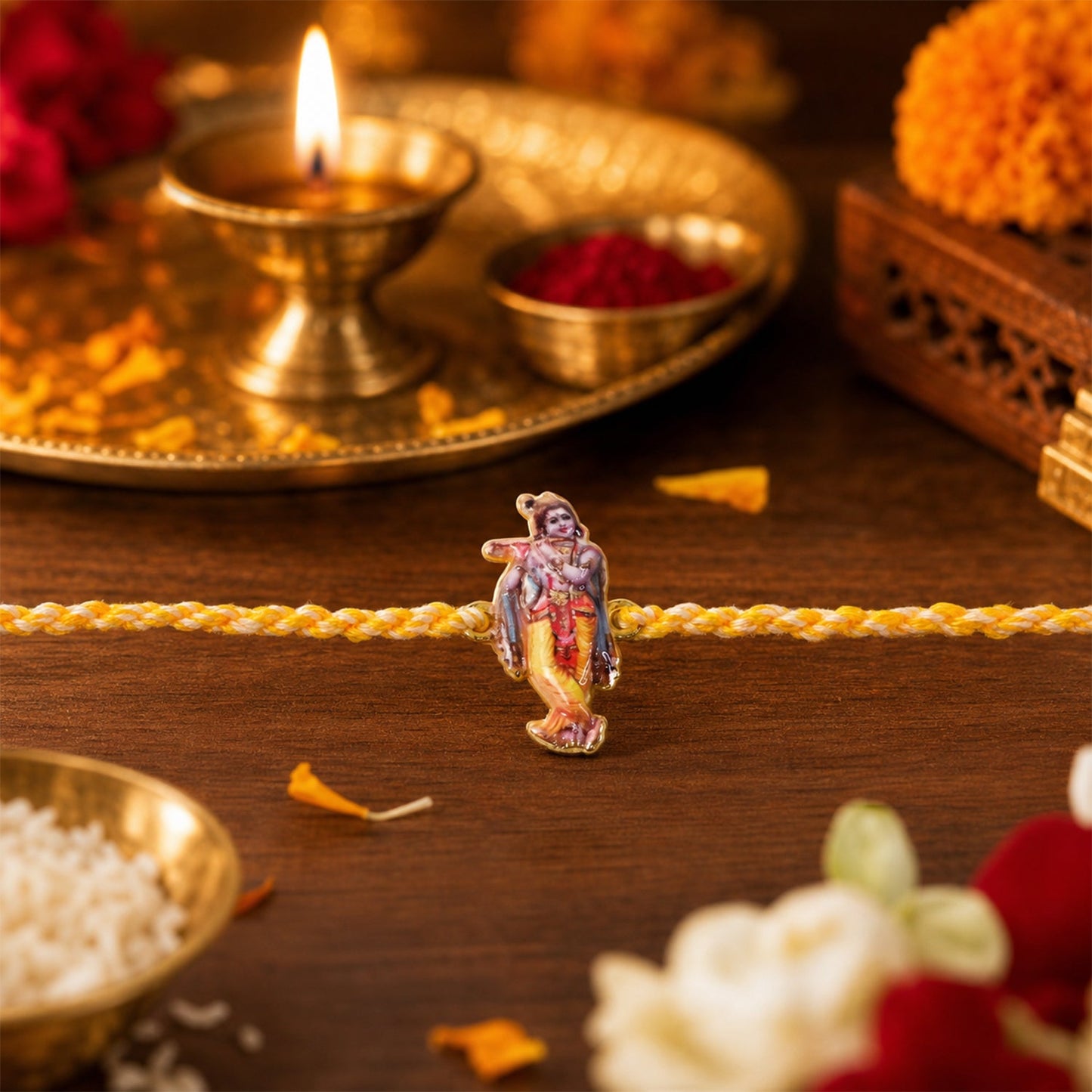 Top view of stylish Krishna Flute Fancy Dori Rakhi
