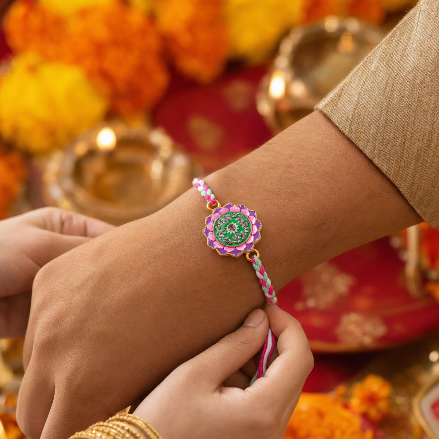 Colorful Floral Charm Fancy Dori Rakhi for Brother (1 Pc)