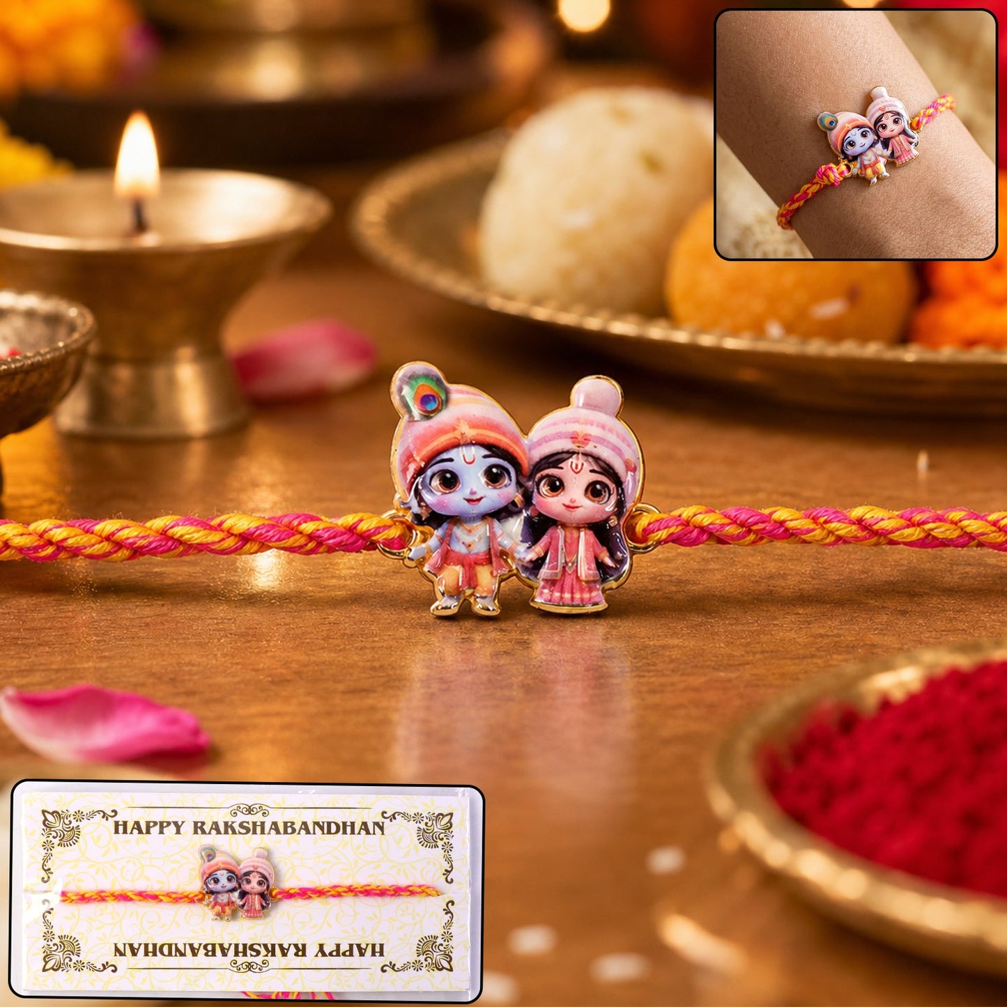 Cute Radha Krishna Fancy Dori Rakhi with vibrant design