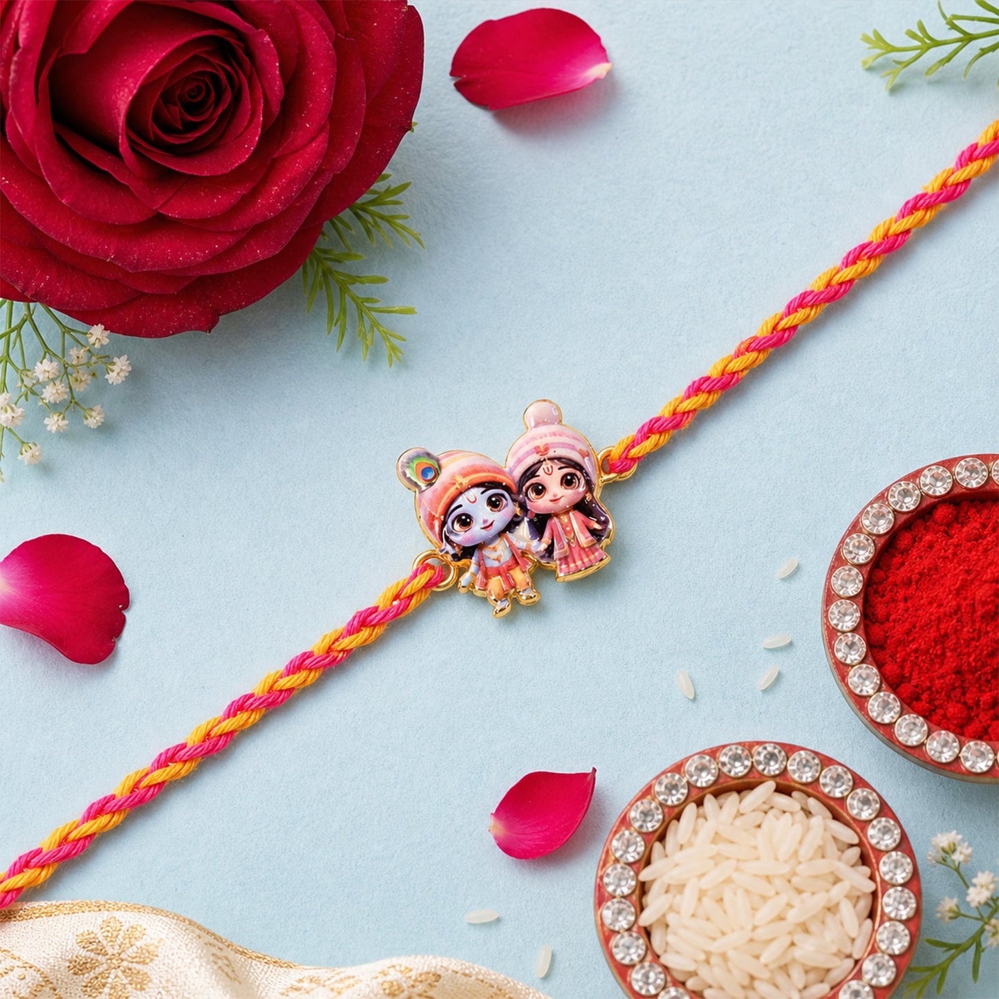 Side view of elegant Radha Krishna rakhi for brother