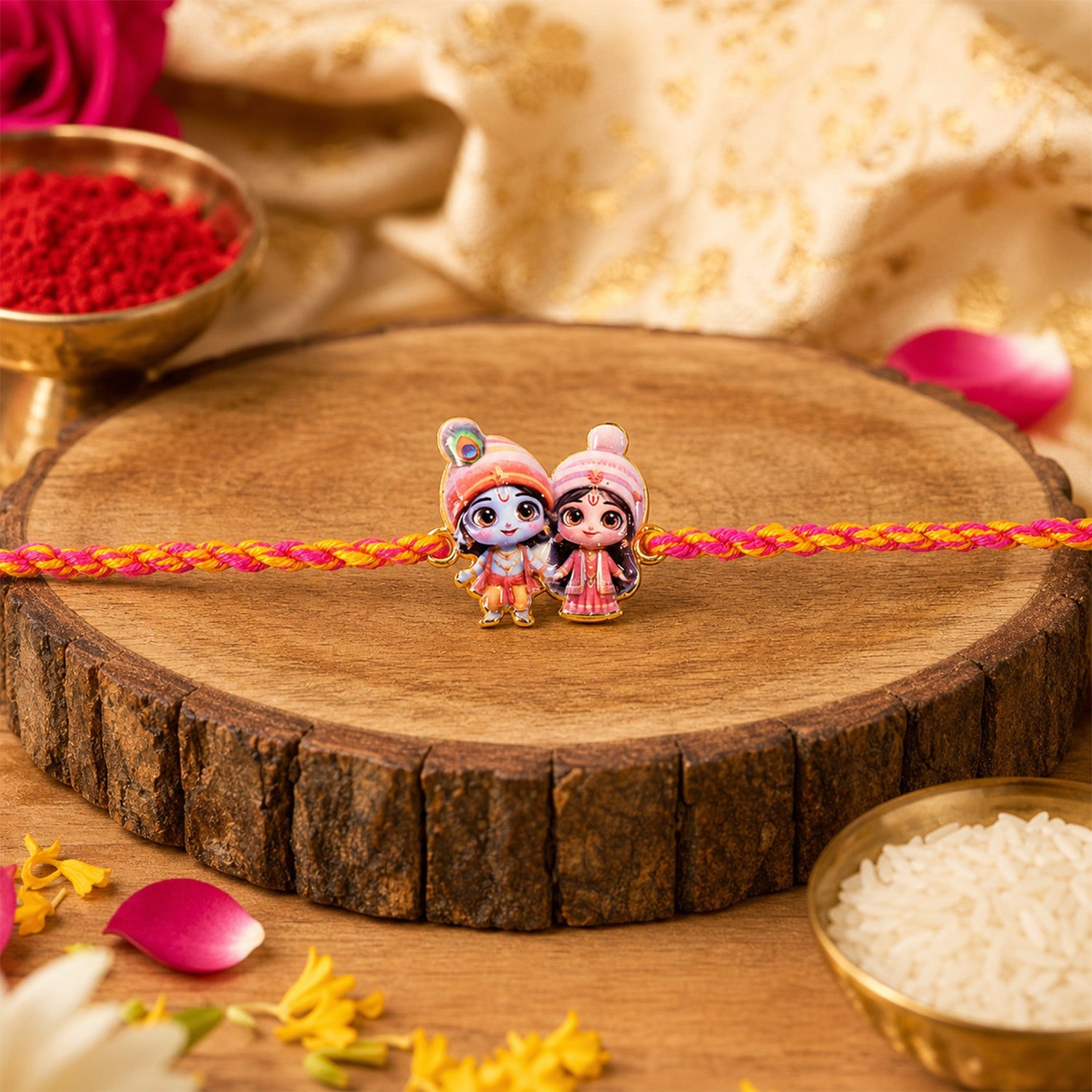 Close-up of Radha Krishna design on fancy dori rakhi