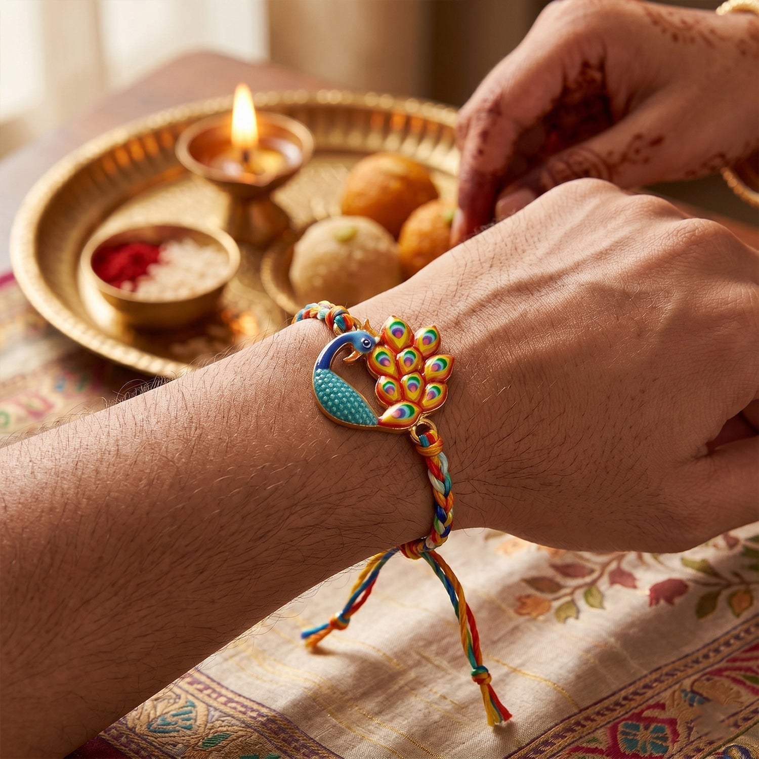 Close-up of Peacock Fancy Dori Rakhi showing colorful details