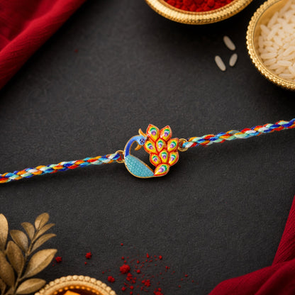Peacock Fancy Dori Rakhi tied with elegant finishing