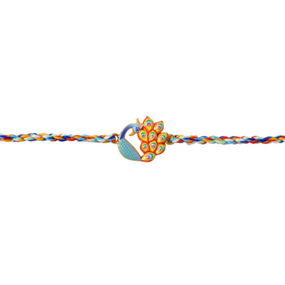 Peacock Fancy Dori Rakhi displayed on festive background