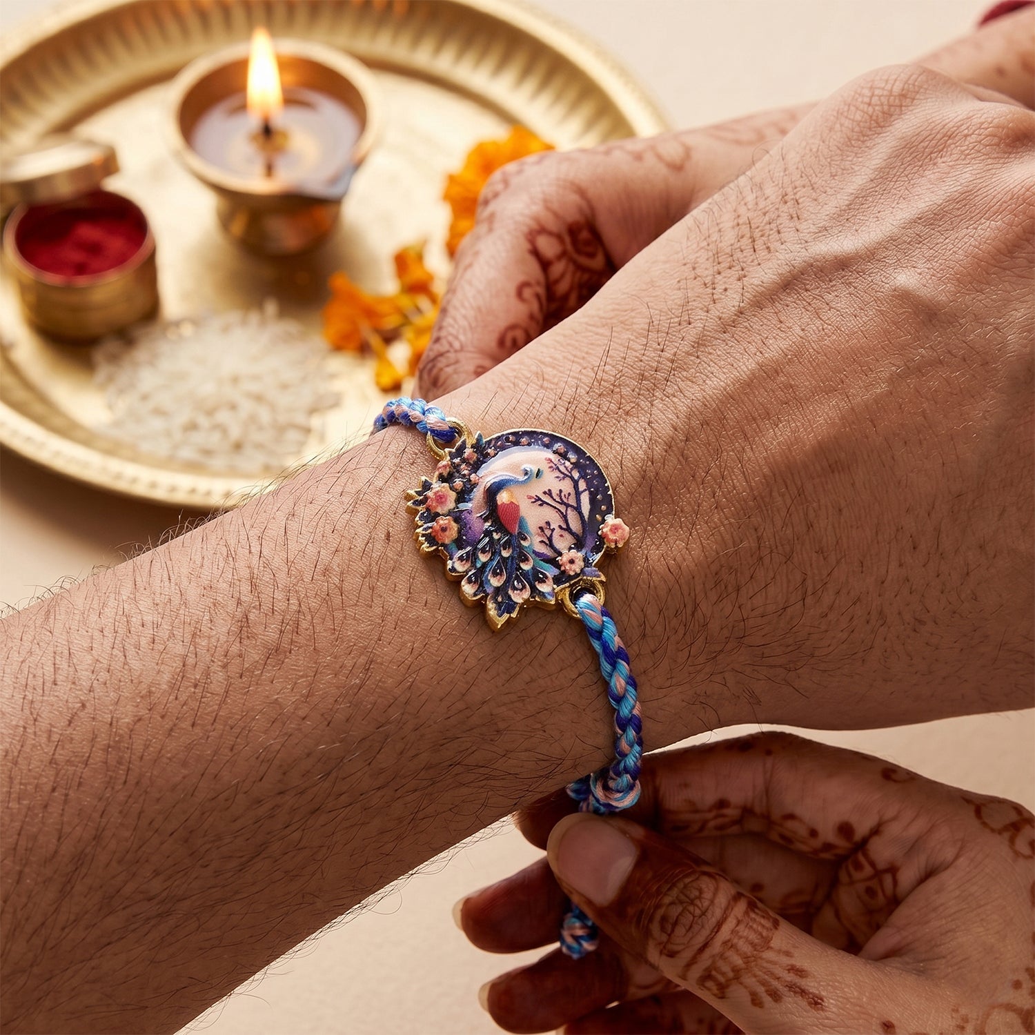 Peacock Floral Charm Fancy Dori Rakhi full length with floral design