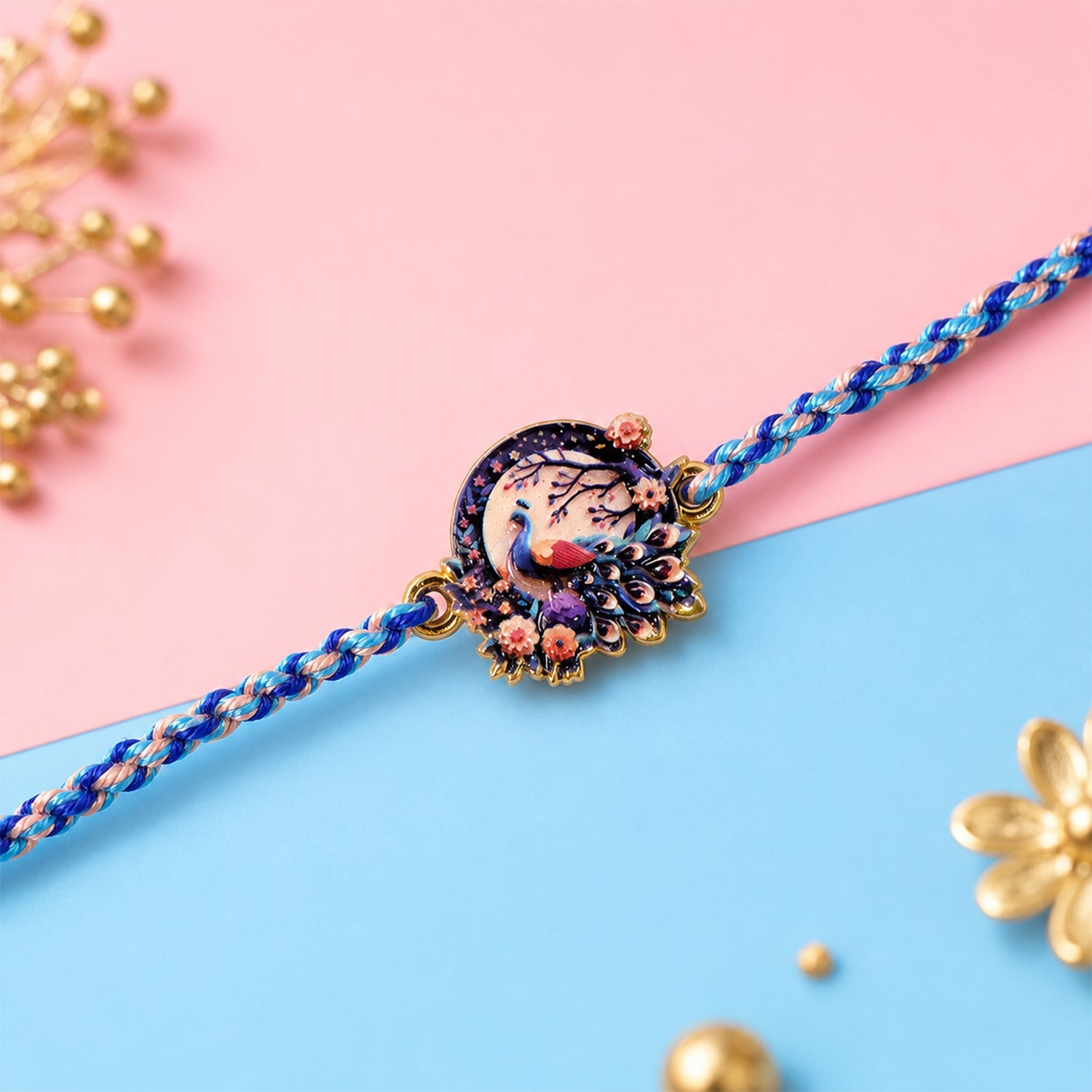 Side angle of Peacock Floral Charm Fancy Dori Rakhi with thread detail