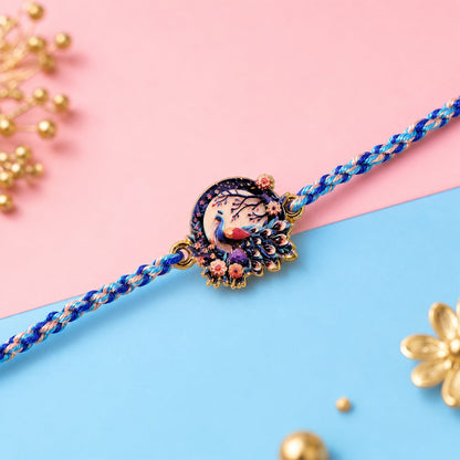 Side angle of Peacock Floral Charm Fancy Dori Rakhi with thread detail