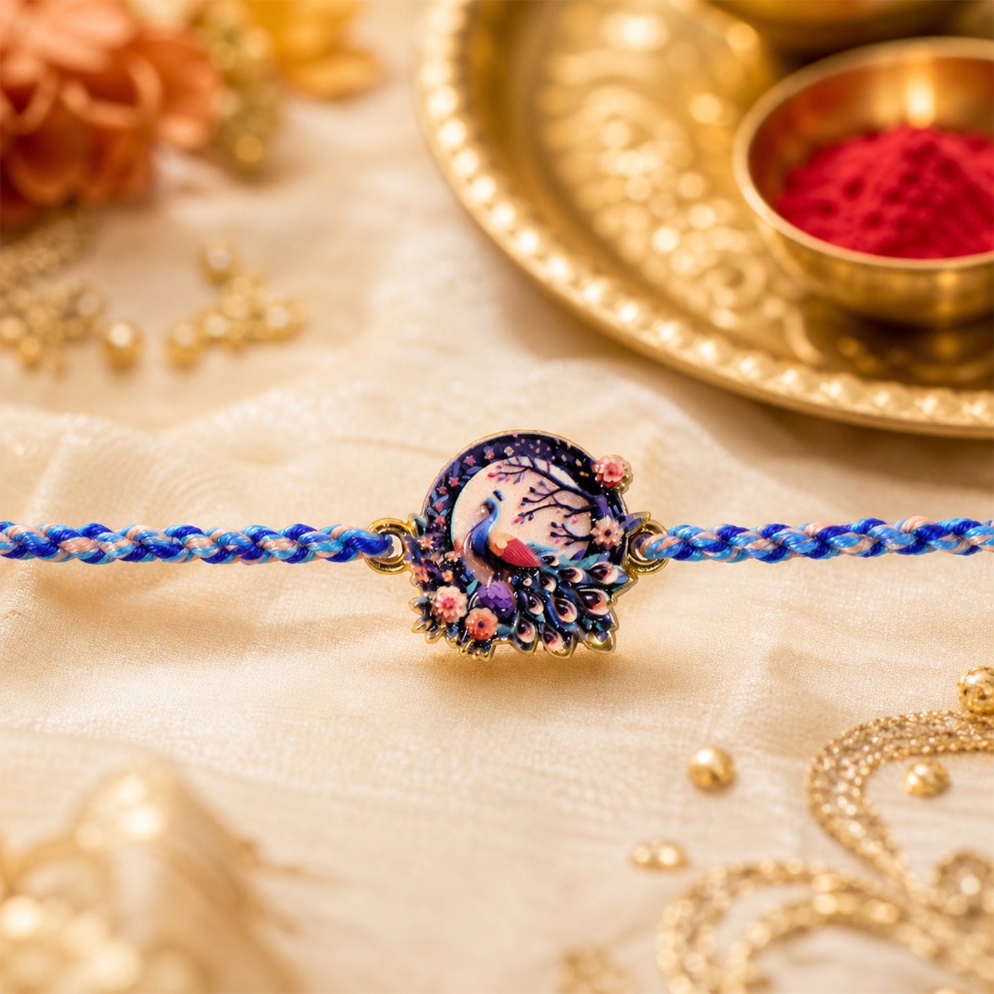 Top view of Peacock Floral Charm Fancy Dori Rakhi showing charm details