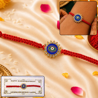 Blue Evil Eye Fancy Dori Rakhi close-up with detailed thread wrapping