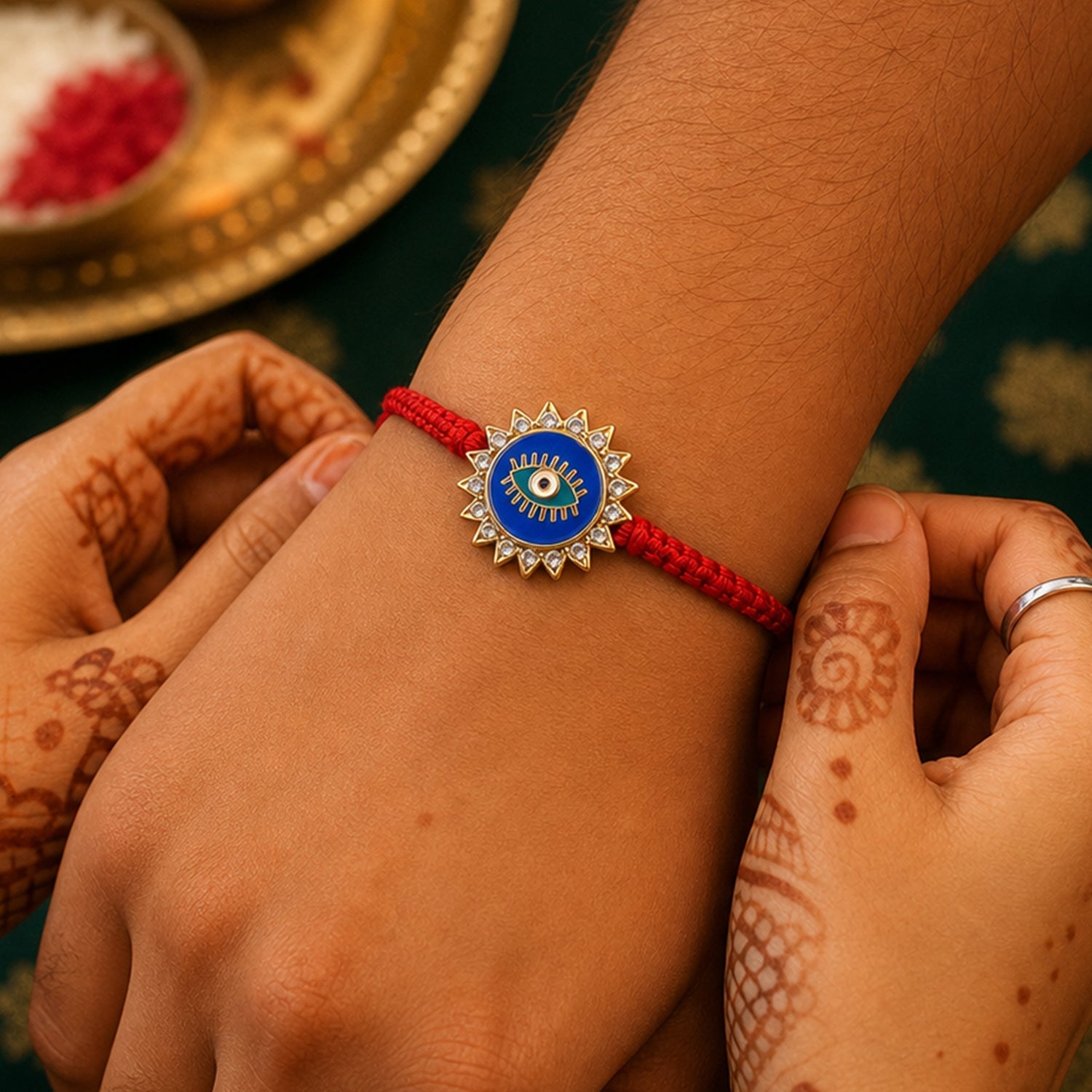 Blue Evil Eye Rakhi showing elegant design and vibrant color