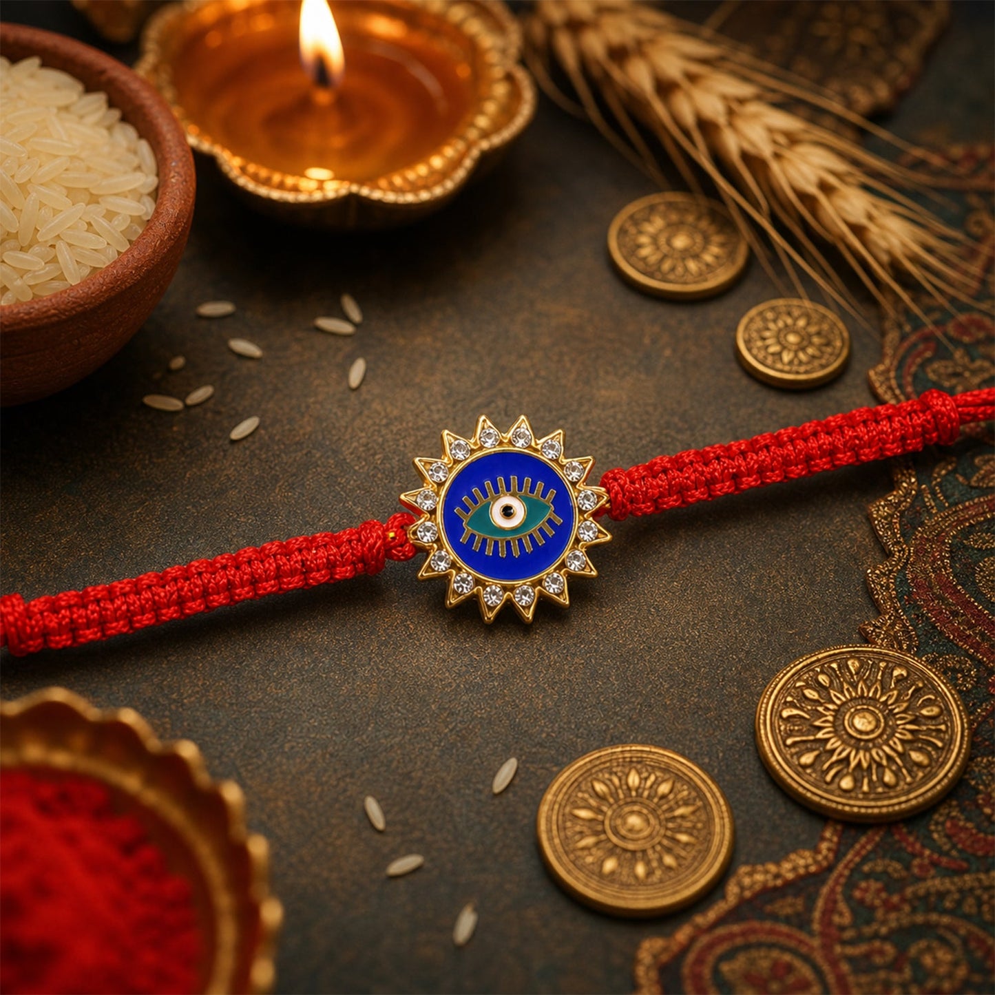 Stylish Evil Eye Rakhi tied with fancy dori thread
