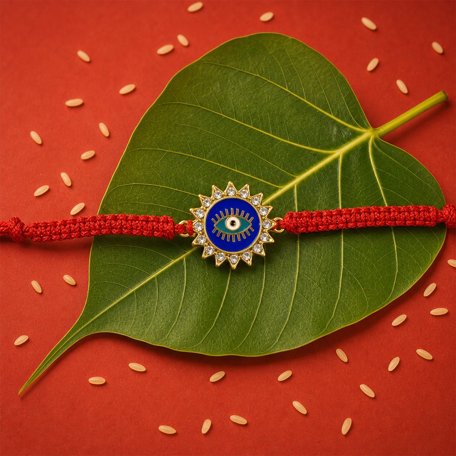 Traditional Blue Evil Eye Rakhi on a white surface