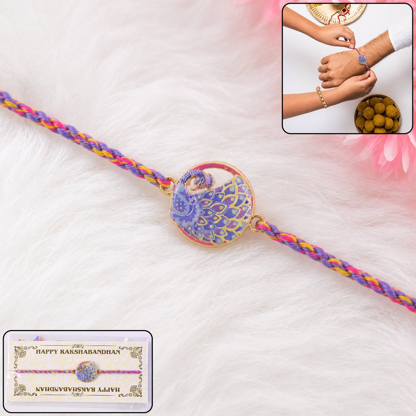 Designer Peacock Round Fancy Dori Rakhi front view