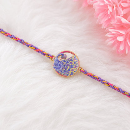 Close-up of peacock design on Fancy Dori Rakhi