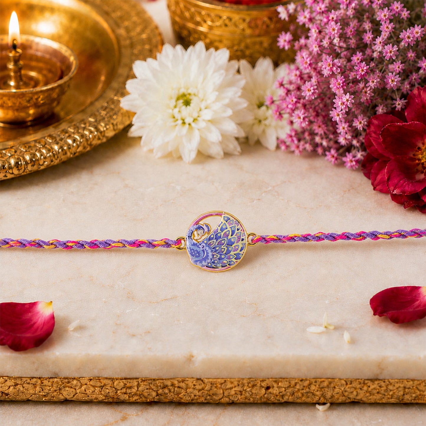 Side view of Designer Peacock Round Fancy Dori Rakhi