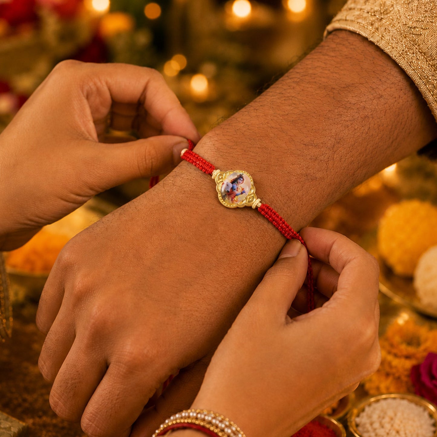 Side angle of Krishna Cow Charm Fancy Dori Rakhi