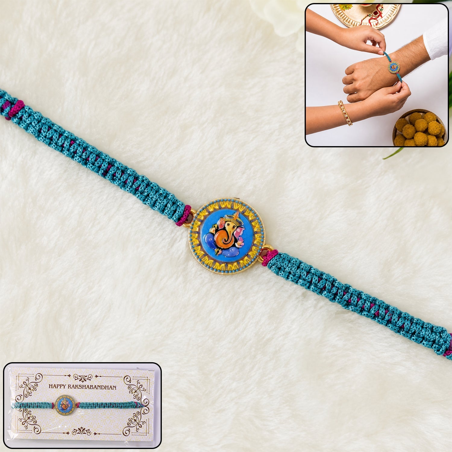 Ganesh Round Charm Fancy Dori Rakhi front view