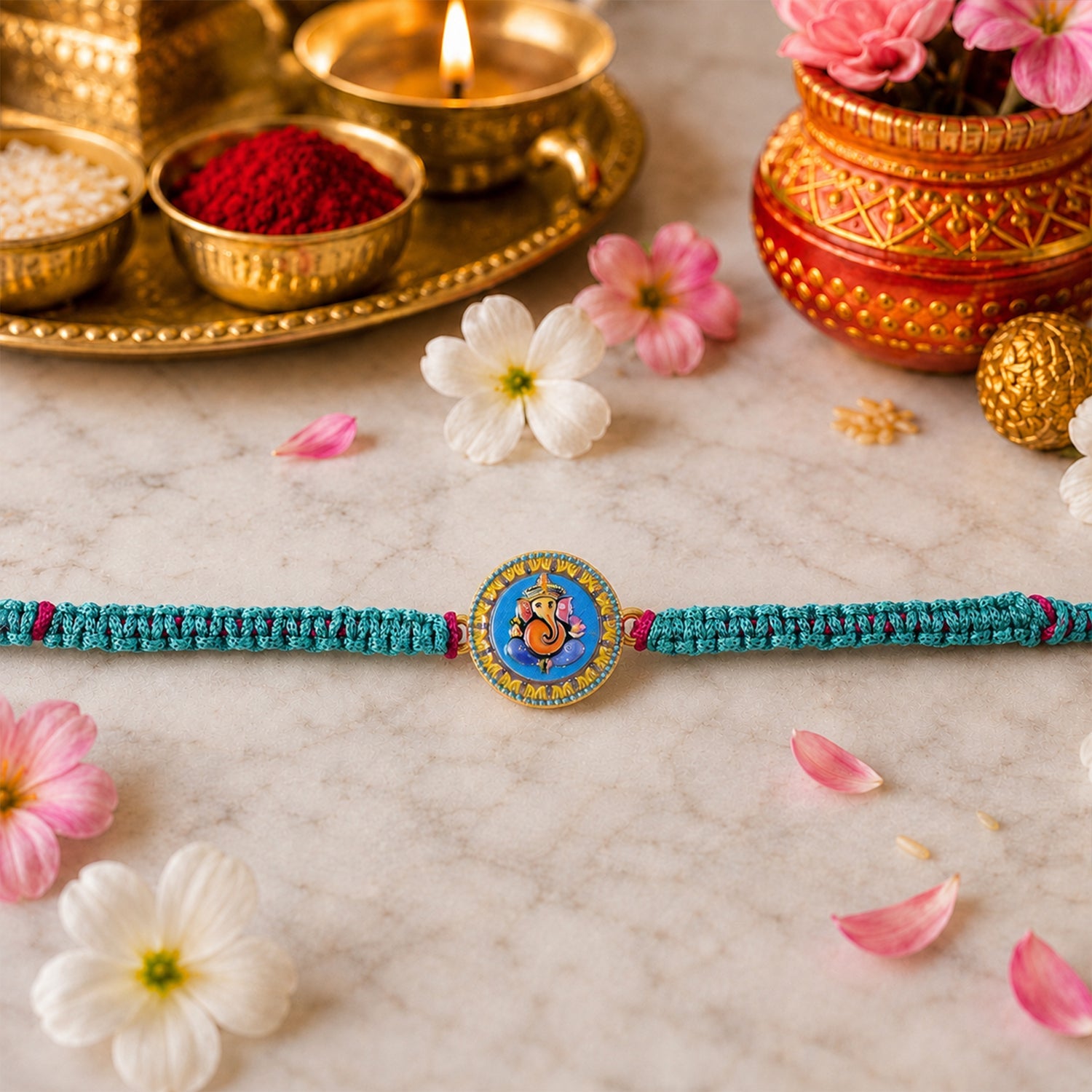 Close-up of Ganesh charm on fancy dori rakhi