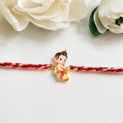 Close-up of Cute Bal Hanuman Fancy Dori Rakhi showing decorative details
